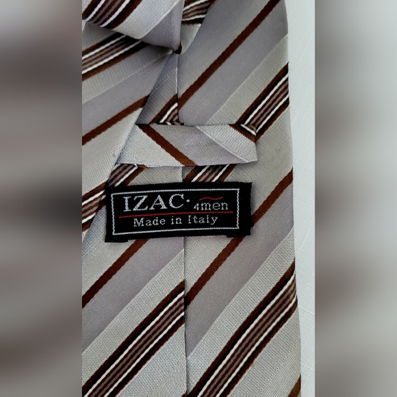 Beige, brown and gray striped silk IZAC 4 men tie/ pre-owned - Picture 6 of 12